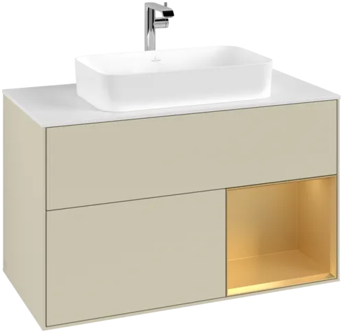 VILLEROY BOCH Toaletní skříňka Finion, s osvětlením, 2 výsuvy, 1000 x 603 x 501 mm, Silk Grey Matt Lacquer / Gold Matt Lacquer / Glass White Matt #F251HFHJ