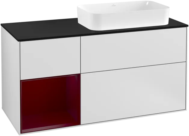 VILLEROY BOCH Toaletní skříňka Finion, s osvětlením, 3 výsuvy, 1200 x 603 x 501 mm, bílý matný lak / pivoňkový matný lak / černé matné sklo #F272HBMT