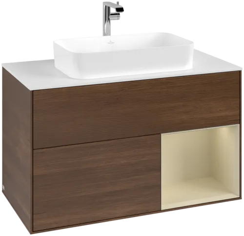 VILLEROY BOCH Toaletní skříňka Finion, s osvětlením, 2 výsuvy, 1000 x 603 x 501 mm, ořechová dýha / hedvábně šedý matný lak / sklo bílé matné #F251HJGN