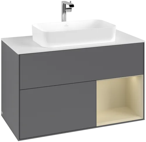 VILLEROY BOCH Toaletní skříňka Finion, s osvětlením, 2 výsuvy, 1000 x 603 x 501 mm, antracit matný lak / hedvábně šedý matný lak / sklo bílé matné #F251HJGK