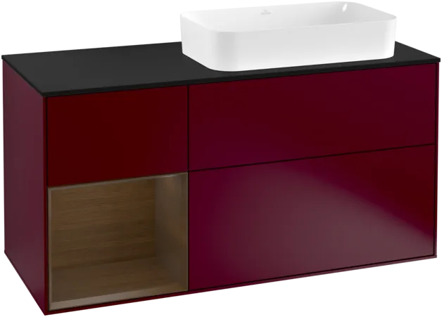 VILLEROY BOCH Toaletní skříňka Finion, s osvětlením, 3 výsuvy, 1200 x 603 x 501 mm, matný lak Peony / ořechová dýha / černé matné sklo #F272GNHB