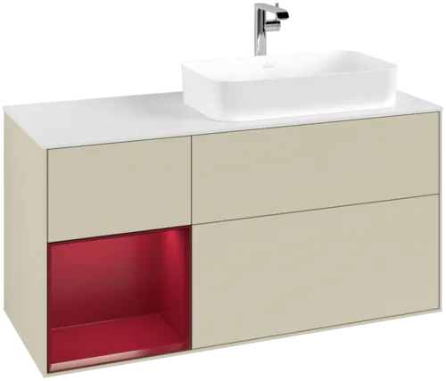 VILLEROY BOCH Toaletní skříňka Finion, s osvětlením, 3 výsuvy, 1200 x 603 x 501 mm, Silk Grey Matt Lacquer / Peony Matt Lacquer / Glass White Matt #F271HBHJ