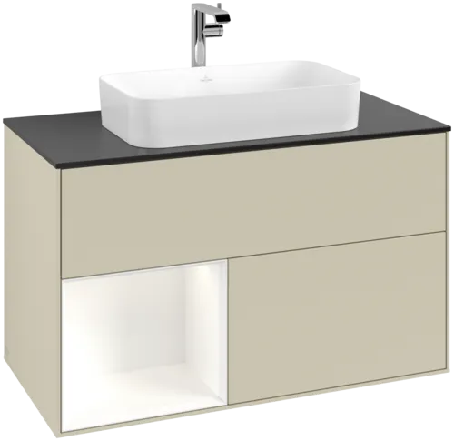 VILLEROY BOCH Toaletní skříňka Finion, s osvětlením, 2 výsuvy, 1000 x 603 x 501 mm, hedvábně šedý matný lak / bílý matný lak / černé matné sklo #F242MTHJ