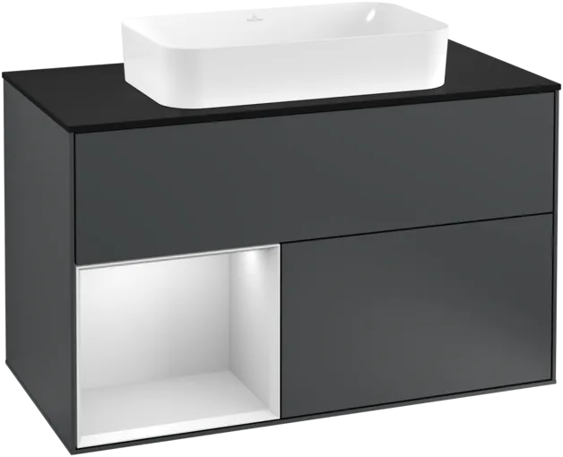 VILLEROY BOCH Toaletní skříňka Finion, s osvětlením, 2 výsuvy, 1000 x 603 x 501 mm, Midnight Blue Matt Lacquer / White Matt Lacquer / Glass Black Matt #F242MTHG