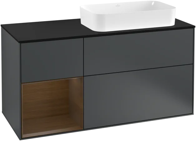 VILLEROY BOCH Toaletní skříňka Finion, s osvětlením, 3 výsuvy, 1200 x 603 x 501 mm, půlnočně modrý matný lak / ořechová dýha / černé matné sklo #F272GNHG
