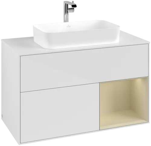 VILLEROY BOCH Toaletní skříňka Finion, s osvětlením, 2 výsuvy, 1000 x 603 x 501 mm, lesklý bílý lak / hedvábně šedý matný lak / bílé matné sklo #F251HJGF