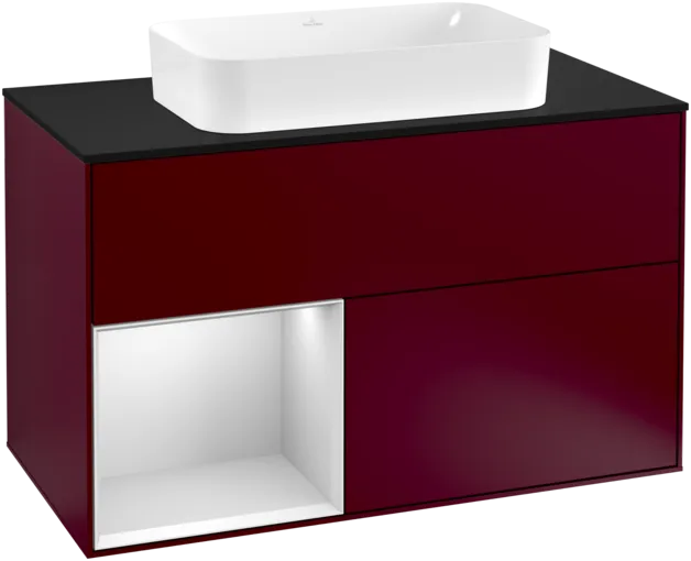 VILLEROY BOCH Toaletní skříňka Finion, s osvětlením, 2 výsuvy, 1000 x 603 x 501 mm, Pivoňka matný lak / Bílý matný lak / Sklo černé matné #F242MTHB