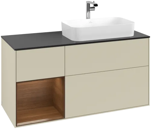 VILLEROY BOCH Toaletní skříňka Finion, s osvětlením, 3 výsuvy, 1200 x 603 x 501 mm, hedvábně šedý matný lak / ořechová dýha / černé matné sklo #F272GNHJ