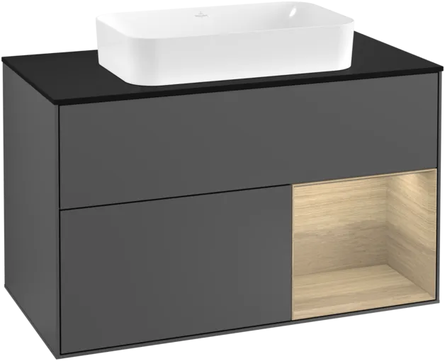 VILLEROY BOCH Toaletní skříňka Finion, s osvětlením, 2 výsuvy, 1000 x 603 x 501 mm, antracitový matný lak / dubová dýha / černé matné sklo #F252PCGK
