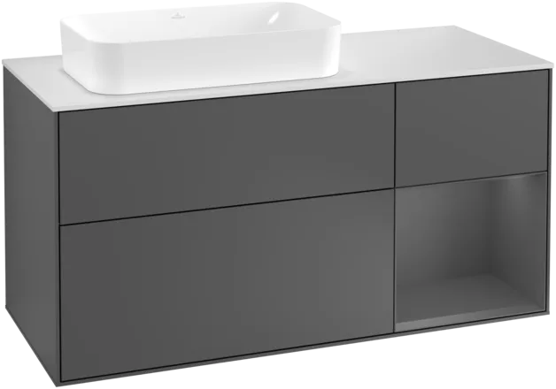 VILLEROY BOCH Toaletní skříňka Finion, s osvětlením, 3 výsuvy, 1200 x 603 x 501 mm, antracit matný lak / antracit matný lak / sklo bílé matné #F281GKGK