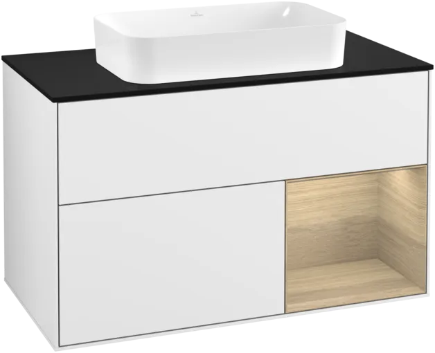 VILLEROY BOCH Toaletní skříňka Finion, s osvětlením, 2 výsuvy, 1000 x 603 x 501 mm, lesklý bílý lak / dubová dýha / černé matné sklo #F252PCGF