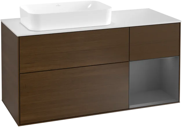 VILLEROY BOCH Toaletní skříňka Finion, s osvětlením, 3 výsuvy, 1200 x 603 x 501 mm, ořechová dýha / antracitový matný lak / bílé matné sklo #F281GKGN