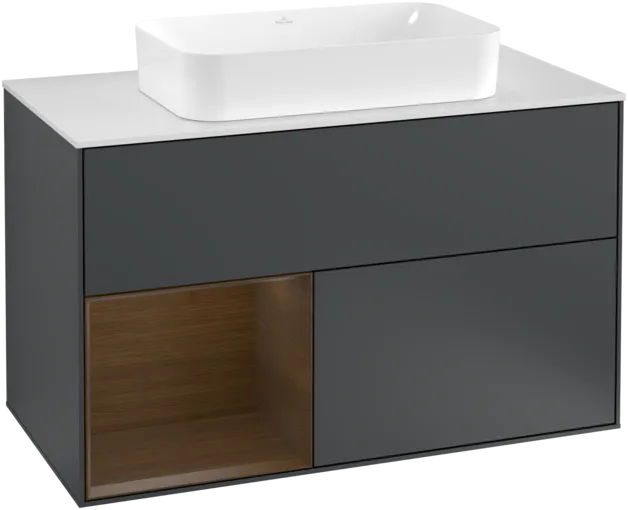 VILLEROY BOCH Toaletní skříňka Finion, s osvětlením, 2 výsuvy, 1000 x 603 x 501 mm, půlnočně modrý matný lak / ořechová dýha / bílé matné sklo #F241GNHG