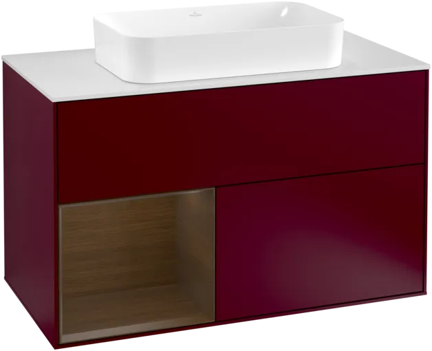 VILLEROY BOCH Toaletní skříňka Finion, s osvětlením, 2 výsuvy, 1000 x 603 x 501 mm, matný lak Peony / ořechová dýha / bílé matné sklo #F241GNHB