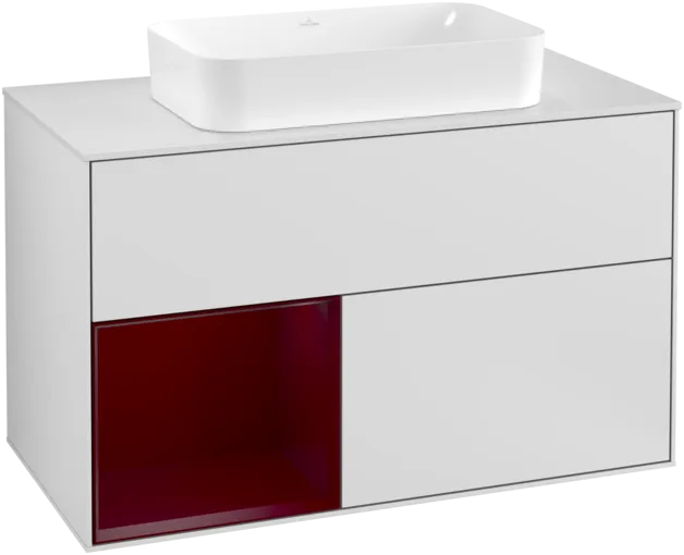 VILLEROY BOCH Toaletní skříňka Finion, s osvětlením, 2 výsuvy, 1000 x 603 x 501 mm, bílý matný lak / pivoňkový matný lak / bílé matné sklo #F241HBMT
