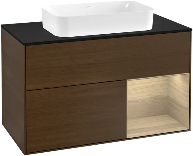 VILLEROY BOCH Toaletní stolek Finion, s osvětlením, 2 výsuvy, 1000 x 603 x 501 mm, ořechová dýha / dubová dýha / sklo černé matné #F252PCGN