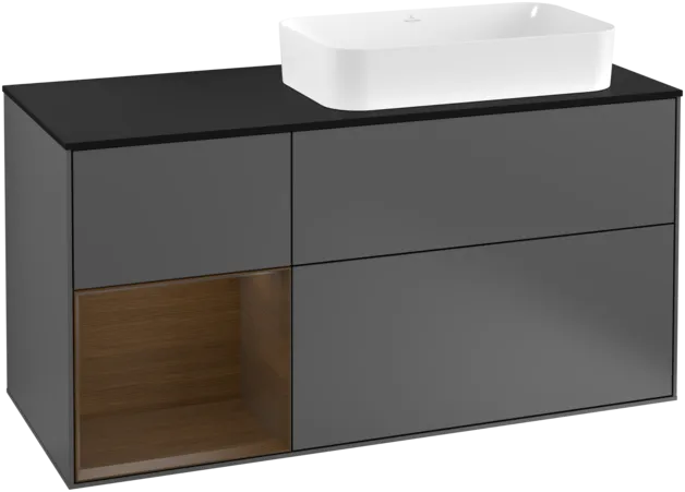 VILLEROY BOCH Toaletní skříňka Finion, s osvětlením, 3 výsuvy, 1200 x 603 x 501 mm, antracitový matný lak / ořechová dýha / černé matné sklo #F272GNGK