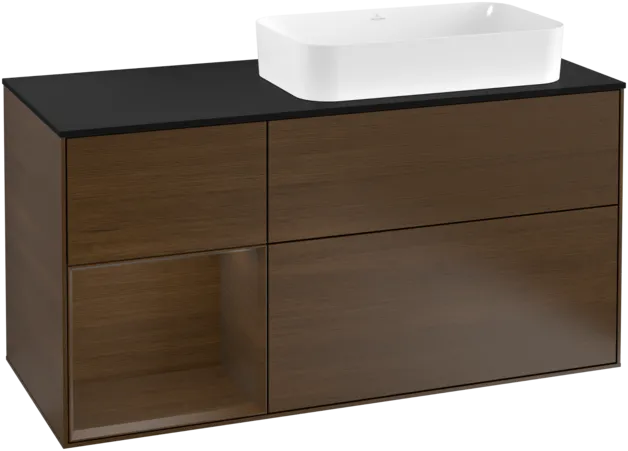 VILLEROY BOCH Toaletní skříňka Finion, s osvětlením, 3 výsuvy, 1200 x 603 x 501 mm, ořechová dýha / ořechová dýha / sklo černé matné #F272GNGN
