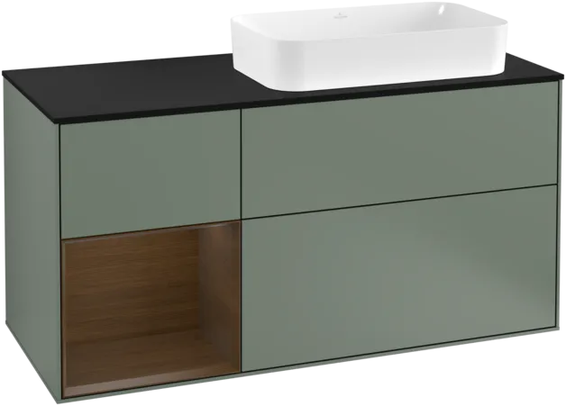 VILLEROY BOCH Toaletní skříňka Finion, s osvětlením, 3 výsuvy, 1200 x 603 x 501 mm, olivový matný lak / ořechová dýha / černé matné sklo #F272GNGM