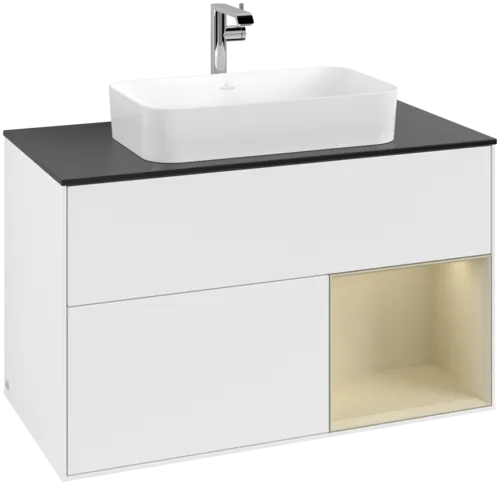 VILLEROY BOCH Toaletní skříňka Finion, s osvětlením, 2 výsuvy, 1000 x 603 x 501 mm, bílý matný lak / hedvábně šedý matný lak / černé matné sklo #F252HJMT