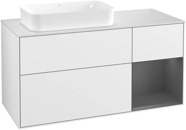 VILLEROY BOCH Toaletní skříňka Finion, s osvětlením, 3 výsuvy, 1200 x 603 x 501 mm, lesklý bílý lak / antracitový matný lak / bílé matné sklo #F281GKGF