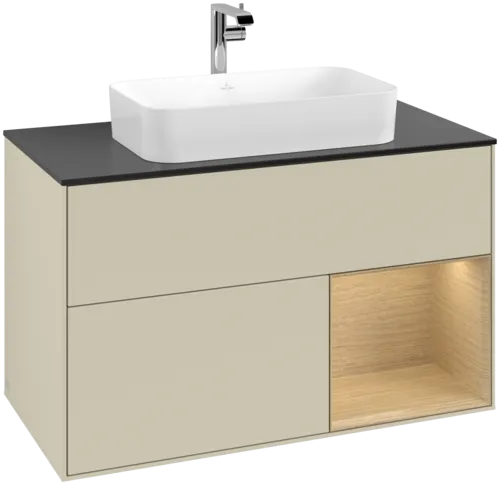 VILLEROY BOCH Toaletní skříňka Finion, s osvětlením, 2 výsuvy, 1000 x 603 x 501 mm, hedvábně šedý matný lak / dubová dýha / černé matné sklo #F252PCHJ