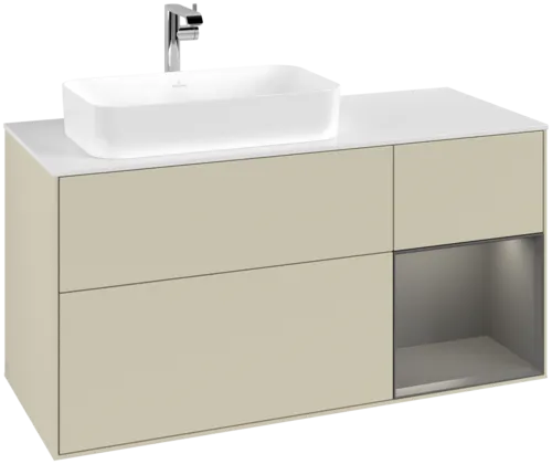 VILLEROY BOCH Toaletní skříňka Finion, s osvětlením, 3 výsuvy, 1200 x 603 x 501 mm, hedvábně šedý matný lak / antracitový matný lak / bílé matné sklo #F281GKHJ