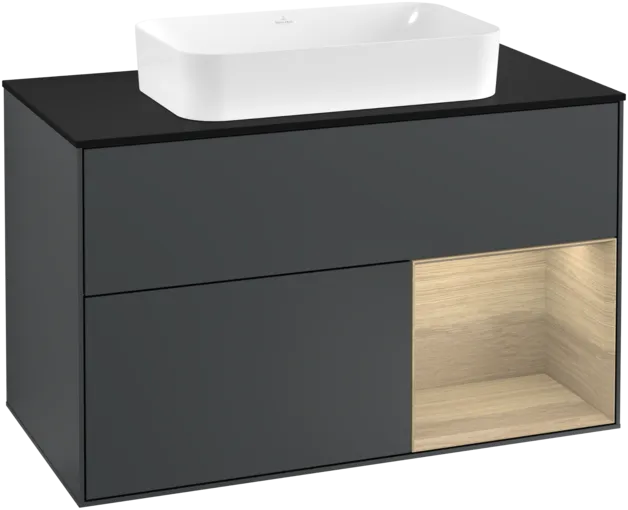 VILLEROY BOCH Toaletní skříňka Finion, s osvětlením, 2 výsuvy, 1000 x 603 x 501 mm, Midnight Blue Matt Lacquer / Oak Veneer / Glass Black Matt #F252PCHG