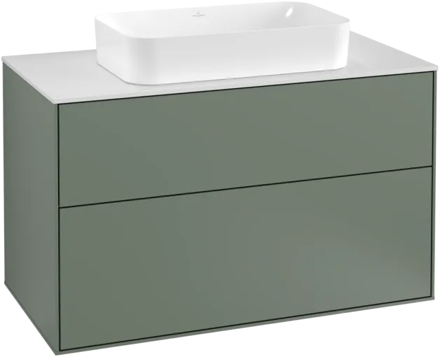 VILLEROY BOCH Toaletní skříňka Finion, 2 výsuvy, 1000 x 603 x 501 mm, olivově matný lak / sklo bílé matné #F23100GM