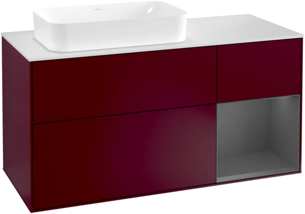 VILLEROY BOCH Toaletní skříňka Finion, s osvětlením, 3 výsuvy, 1200 x 603 x 501 mm, matný lak Pivoňka / matný lak Antracit / matné sklo Bílá #F281GKHB