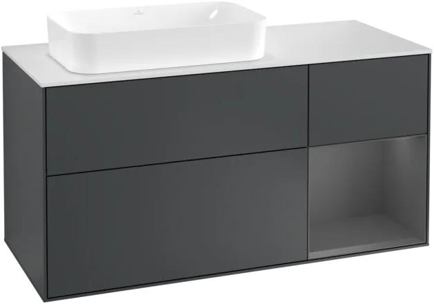 VILLEROY BOCH Toaletní skříňka Finion, s osvětlením, 3 výsuvy, 1200 x 603 x 501 mm, Midnight Blue Matt Lacquer / Anthracite Matt Lacquer / Glass White Matt #F281GKHG