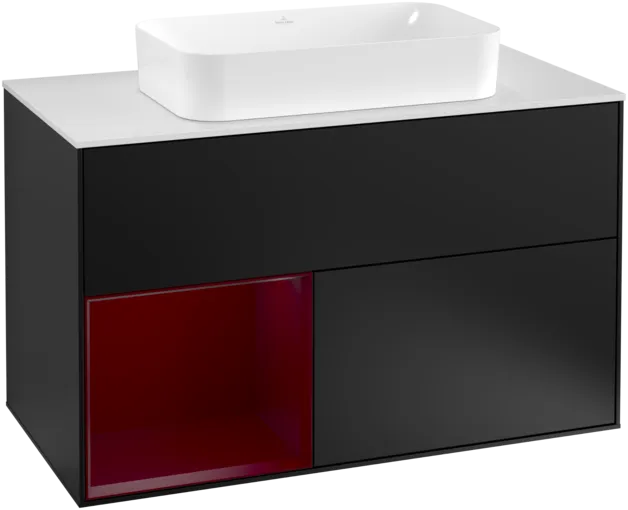 VILLEROY BOCH Toaletní skříňka Finion, s osvětlením, 2 výsuvy, 1000 x 603 x 501 mm, černý matný lak / pivoňkový matný lak / bílé matné sklo #F241HBPD