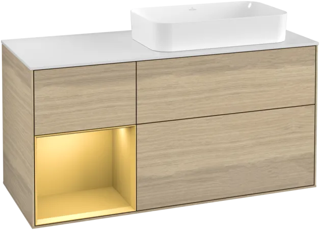 VILLEROY BOCH Toaletní skříňka Finion, s osvětlením, 3 výsuvy, 1200 x 603 x 501 mm, dubová dýha / zlatý matný lak / sklo bílé matné #F271HFPC