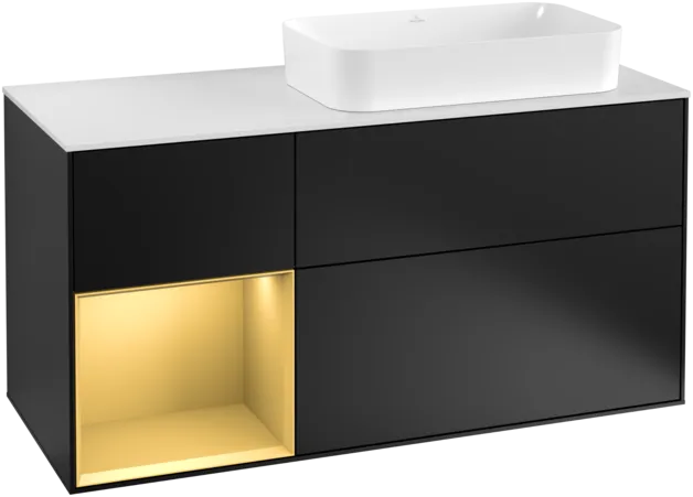 VILLEROY BOCH Toaletní skříňka Finion, s osvětlením, 3 výsuvy, 1200 x 603 x 501 mm, černý matný lak / zlatý matný lak / bílé matné sklo #F271HFPD