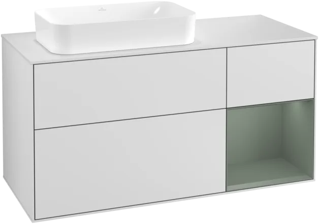 VILLEROY BOCH Toaletní skříňka Finion, s osvětlením, 3 výsuvy, 1200 x 603 x 501 mm, bílý matný lak / olivový matný lak / sklo bílé matné #F281GMMT