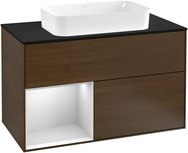 VILLEROY BOCH Toaletní skříňka Finion, s osvětlením, 2 výsuvy, 1000 x 603 x 501 mm, ořechová dýha / bílý matný lak / černé matné sklo #F242MTGN