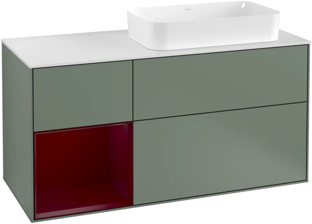 VILLEROY BOCH Toaletní skříňka Finion, s osvětlením, 3 výsuvy, 1200 x 603 x 501 mm, olivový matný lak / pivoňkový matný lak / bílé matné sklo #F271HBGM