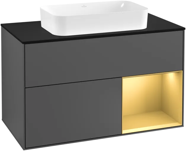 VILLEROY BOCH Toaletní skříňka Finion, s osvětlením, 2 výsuvy, 1000 x 603 x 501 mm, antracit matný lak / zlatý matný lak / černé matné sklo #F252HFGK
