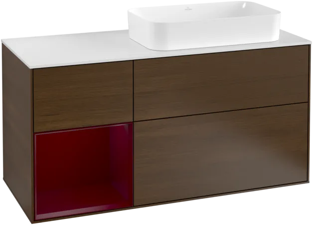 VILLEROY BOCH Toaletní skříňka Finion, s osvětlením, 3 výsuvy, 1200 x 603 x 501 mm, ořechová dýha / matný lak Pivoňka / matné bílé sklo #F271HBGN
