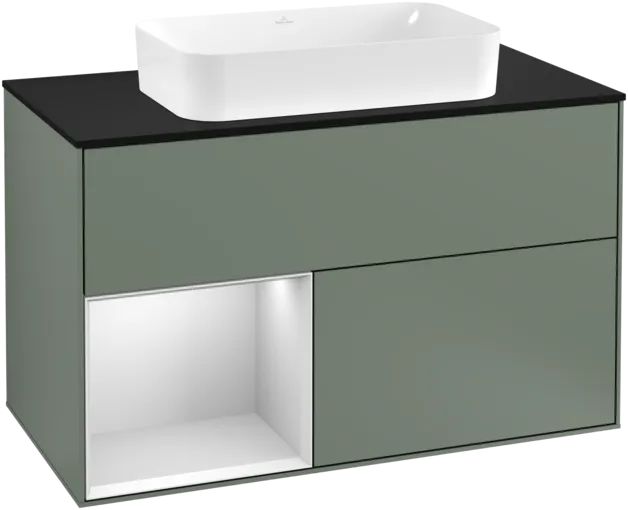 VILLEROY BOCH Toaletní skříňka Finion, s osvětlením, 2 výsuvy, 1000 x 603 x 501 mm, olivový matný lak / bílý matný lak / černé matné sklo #F242MTGM