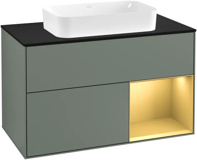 VILLEROY BOCH Toaletní skříňka Finion, s osvětlením, 2 výsuvy, 1000 x 603 x 501 mm, olivový matný lak / zlatý matný lak / černé matné sklo #F252HFGM
