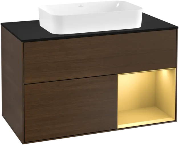 VILLEROY BOCH Toaletní skříňka Finion, s osvětlením, 2 výsuvy, 1000 x 603 x 501 mm, ořechová dýha / zlatý matný lak / černé matné sklo #F252HFGN