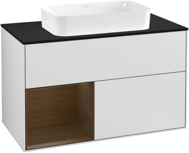 VILLEROY BOCH Toaletní skříňka Finion, s osvětlením, 2 výsuvy, 1000 x 603 x 501 mm, bílý matný lak / ořechová dýha / černé matné sklo #F242GNMT