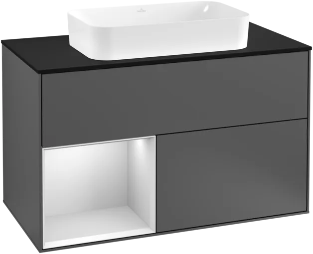 VILLEROY BOCH Toaletní skříňka Finion, s osvětlením, 2 výsuvy, 1000 x 603 x 501 mm, antracitový matný lak / bílý matný lak / černé matné sklo #F242MTGK