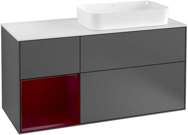 VILLEROY BOCH Toaletní skříňka Finion, s osvětlením, 3 výsuvy, 1200 x 603 x 501 mm, antracitový matný lak / pivoňkový matný lak / bílé matné sklo #F271HBGK