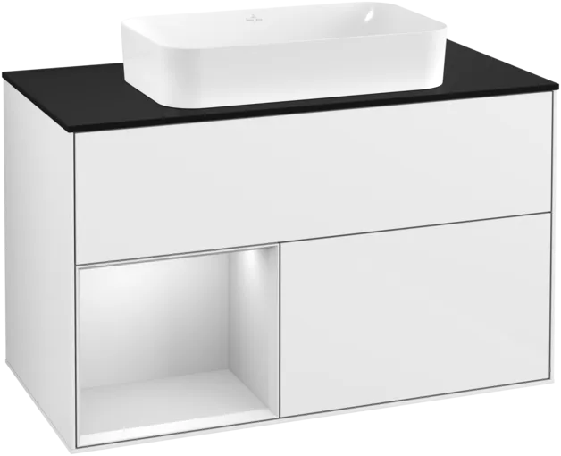 VILLEROY BOCH Umyvadlová skříňka Finion, s osvětlením, 2 výsuvy, 1000 x 603 x 501 mm, lesklý bílý lak / bílý matný lak / černé matné sklo #F242MTGF