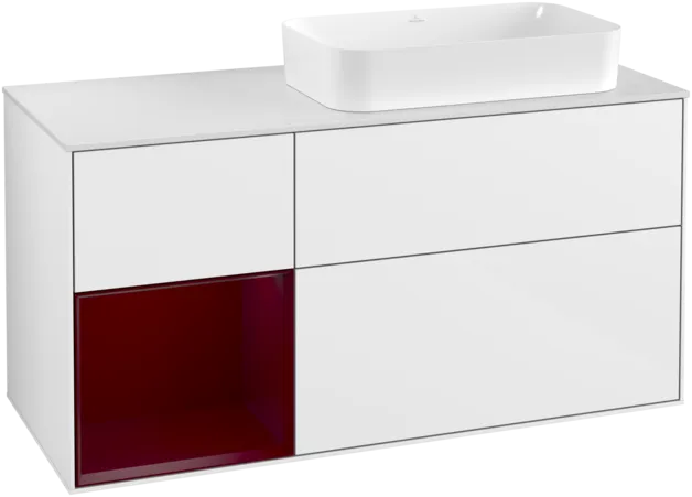 VILLEROY BOCH Toaletní skříňka Finion, s osvětlením, 3 výsuvy, 1200 x 603 x 501 mm, lesklý bílý lak / matný lak Pivoňka / matné bílé sklo #F271HBGF