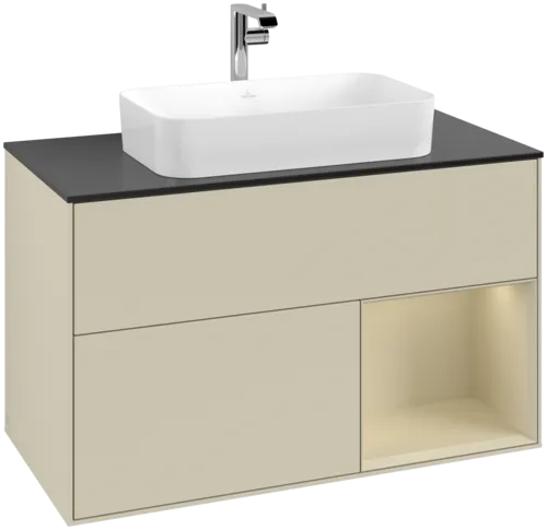 VILLEROY BOCH Toaletní skříňka Finion, s osvětlením, 2 výsuvy, 1000 x 603 x 501 mm, Silk Grey Matt Lacquer / Silk Grey Matt Lacquer / Glass Black Matt #F252HJHJ