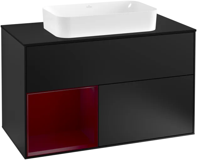 VILLEROY BOCH Toaletní skříňka Finion, s osvětlením, 2 výsuvy, 1000 x 603 x 501 mm, černý matný lak / pivoňkový matný lak / černé matné sklo #F242HBPD