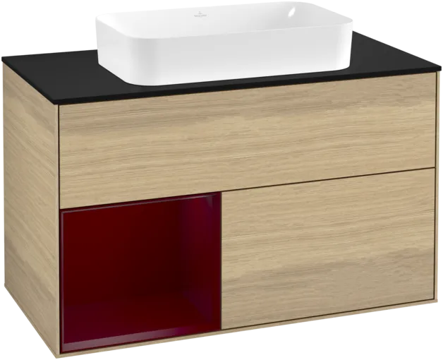 VILLEROY BOCH Toaletní stolek Finion, s osvětlením, 2 výsuvy, 1000 x 603 x 501 mm, dubová dýha / matný lak Pivoňka / matné černé sklo #F242HBPC